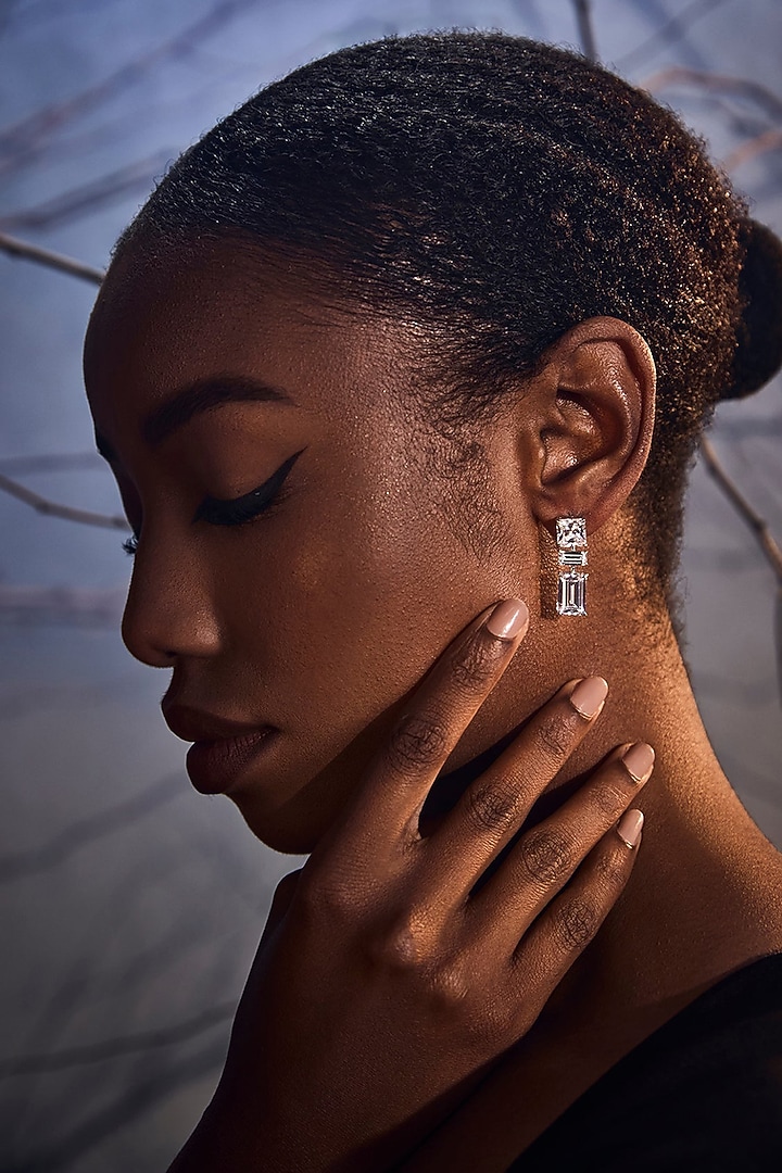 White Rhodium Finish Cubic Zirconia Luna Cascade Statement Earrings In Sterling Silver by MISS JO at Pernia's Pop Up Shop
