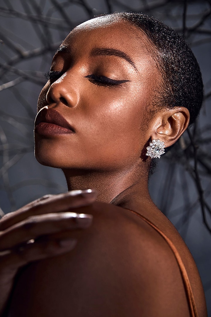 White Rhodium Finish Cubic Zirconia Celestial Oasis Stud Earrings In Sterling Silver by MISS JO at Pernia's Pop Up Shop
