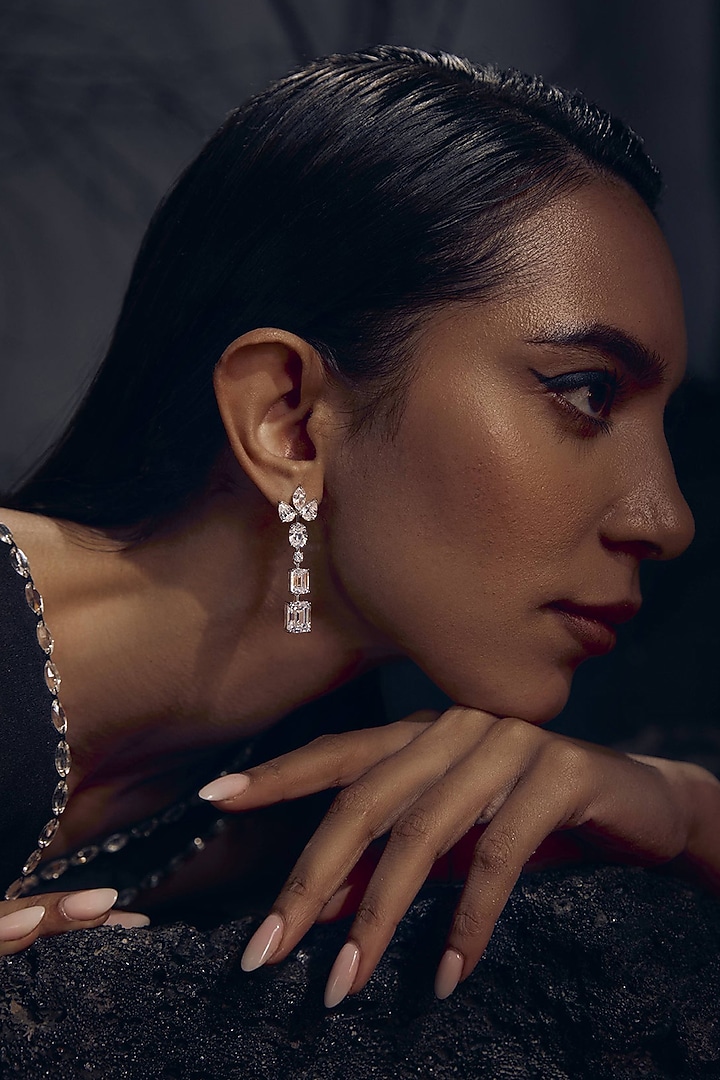 White Rhodium Finish Cubic Zirconia Crescent Bloom Dangler Earrings In Sterling Silver by MISS JO at Pernia's Pop Up Shop