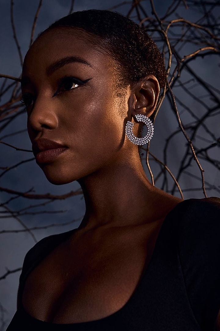 White Rhodium Finish Cubic Zirconia Twinning Wreath Hoop Earrings In Sterling Silver by MISS JO at Pernia's Pop Up Shop