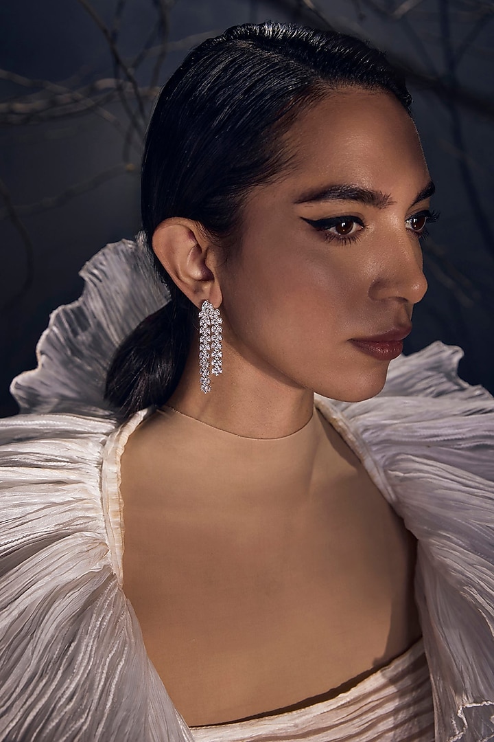 White Rhodium Finish Cubic Zirconia Silver Serenity Strand Dangler Earrings In Sterling Silver by MISS JO at Pernia's Pop Up Shop