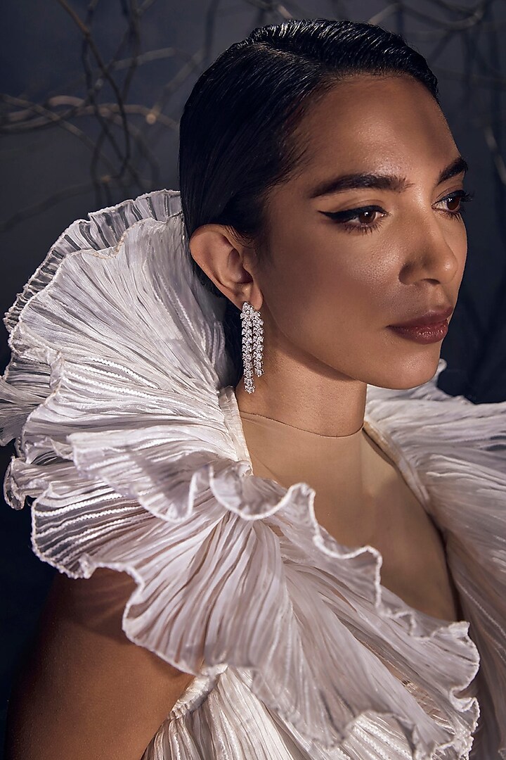 White Rhodium Finish Cubic Zirconia Silver Serenity Strand Dangler Earrings In Sterling Silver by MISS JO at Pernia's Pop Up Shop