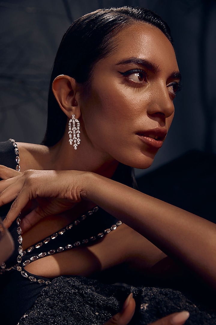 White Rhodium Finish Cubic Zirconia Moonlight Cascade Dangler Earrings In Sterling Silver by MISS JO at Pernia's Pop Up Shop