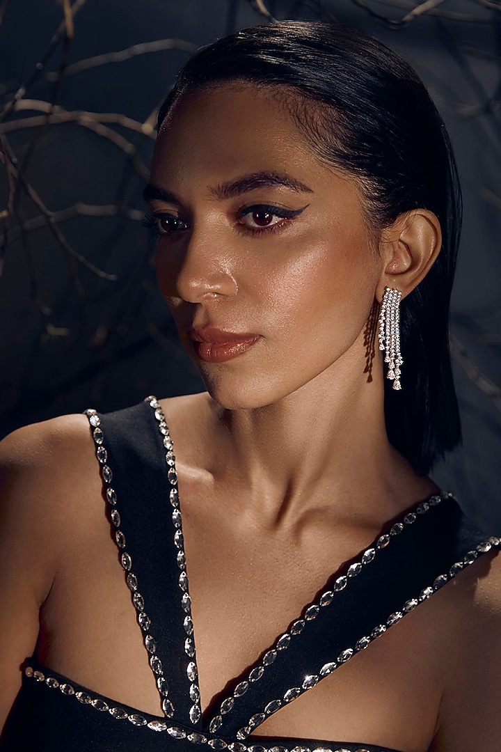 White Rhodium Finish Cubic Zirconia Serenade Chandelier Dangler Earrings In Sterling Silver by MISS JO at Pernia's Pop Up Shop