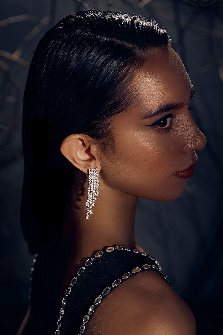 White Rhodium Finish Cubic Zirconia Serenade Chandelier Dangler Earrings In Sterling Silver by MISS JO at Pernia's Pop Up Shop