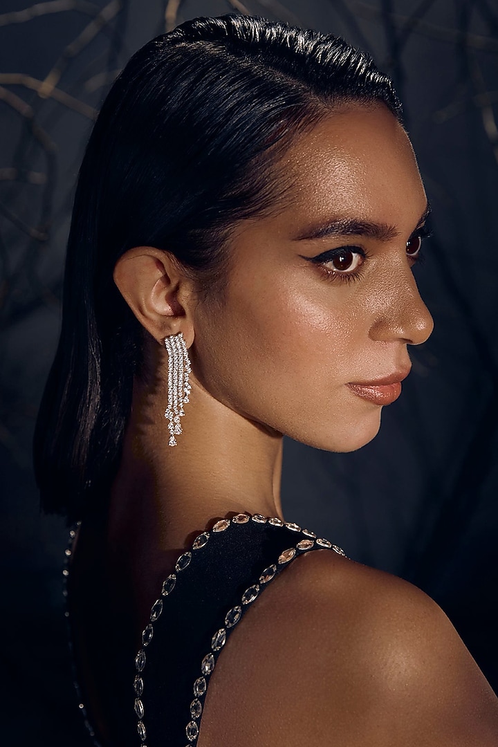 White Rhodium Finish Cubic Zirconia Serenade Chandelier Dangler Earrings In Sterling Silver by MISS JO at Pernia's Pop Up Shop