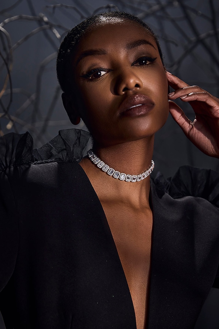 White Rhodium Finish Cubic Zirconia Serenade Necklace In Sterling Silver by MISS JO at Pernia's Pop Up Shop