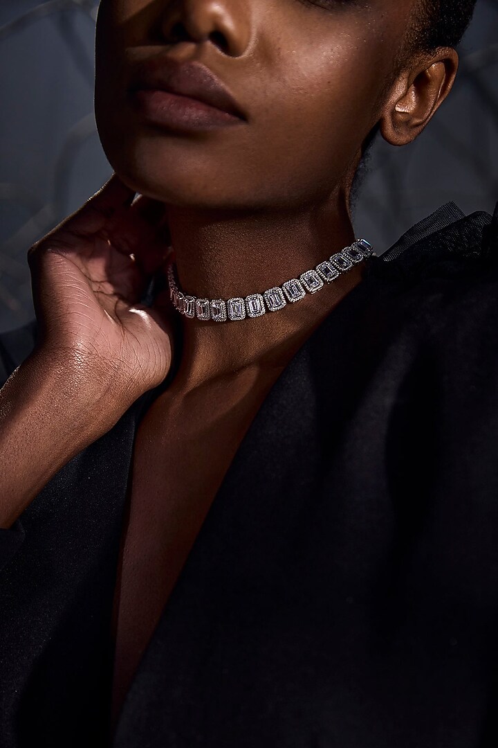 White Rhodium Finish Cubic Zirconia Serenade Necklace In Sterling Silver by MISS JO at Pernia's Pop Up Shop