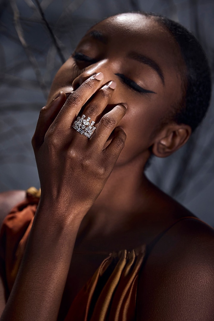 White Rhodium Finish Cubic Zirconia Moonlight Crown Cocktail Ring In Sterling Silver by MISS JO at Pernia's Pop Up Shop