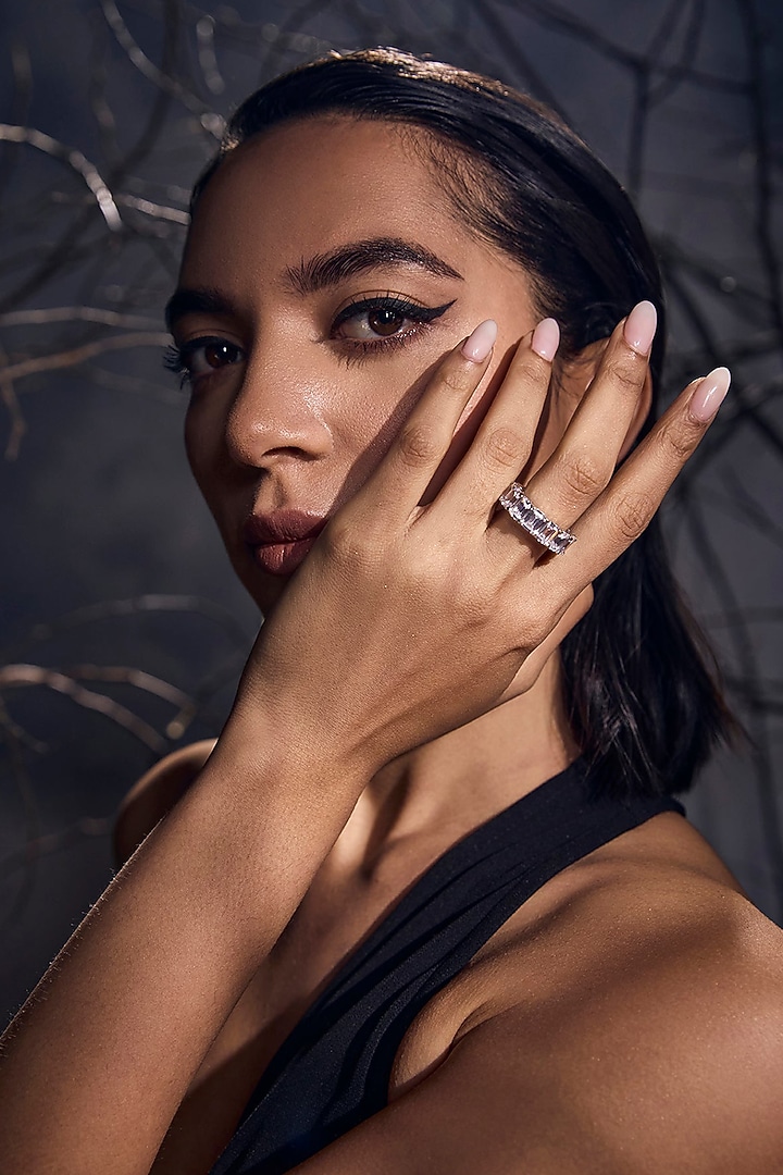 White Rhodium Finish Cubic Zirconia & Baguette Stone Ring In Sterling Silver by MISS JO at Pernia's Pop Up Shop