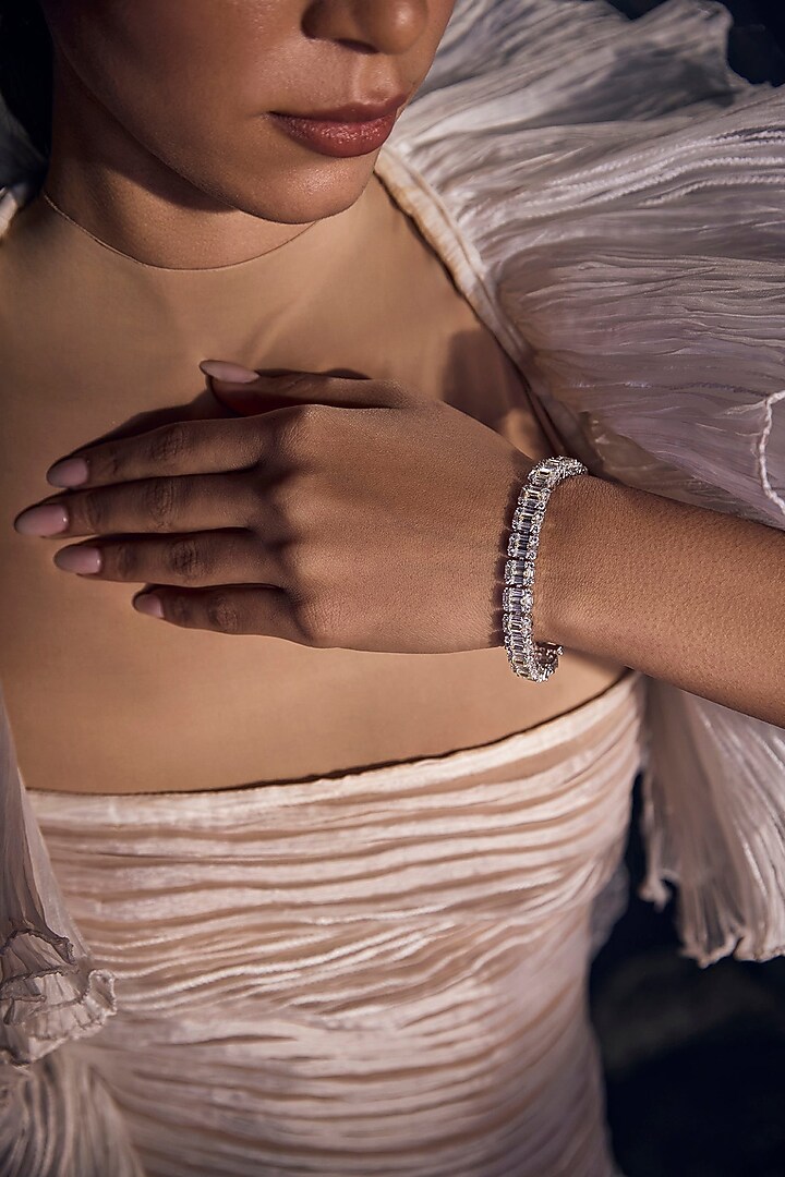 White Rhodium Finish Cubic Zirconia Bracelet In Sterling Silver by MISS JO at Pernia's Pop Up Shop