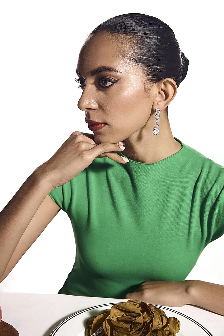 White Rhodium Finish Cubic Zirconia Dangler Earrings In Sterling Silver by MISS JO at Pernia's Pop Up Shop