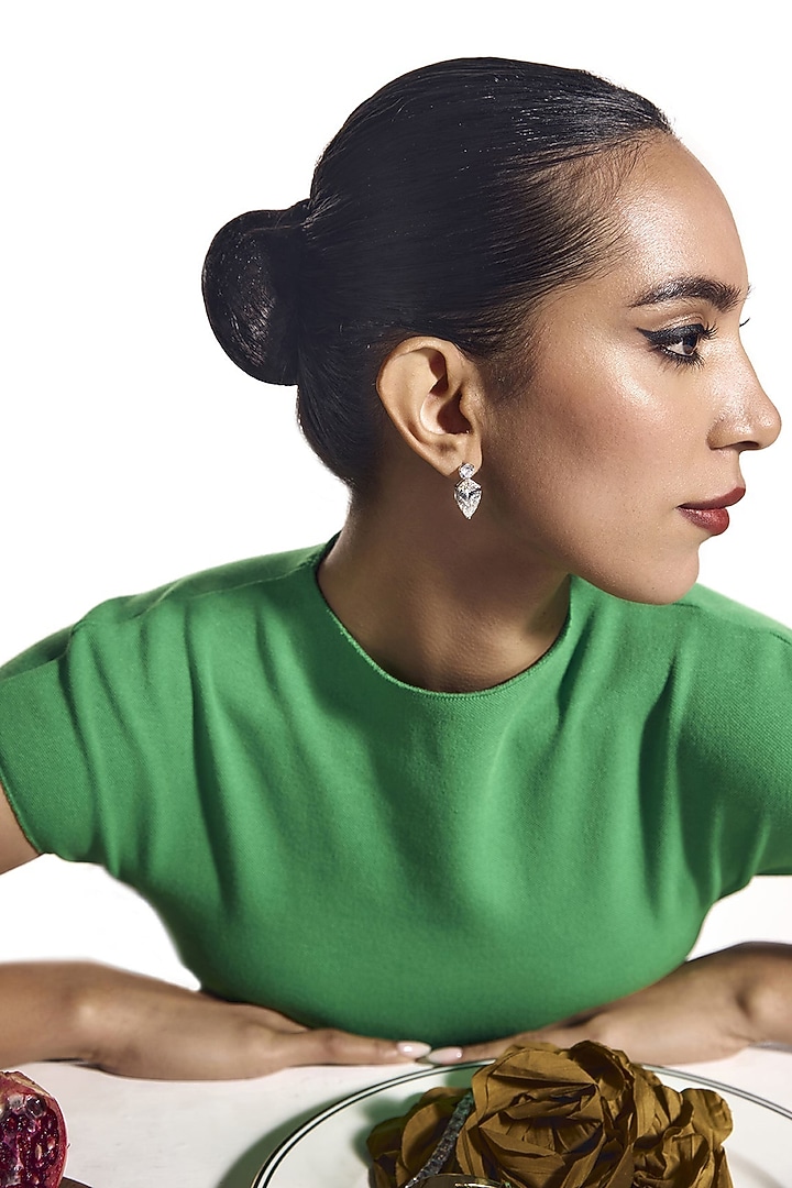 White Rhodium Finish Cubic Zirconia Stud Earrings In Sterling Silver by MISS JO at Pernia's Pop Up Shop