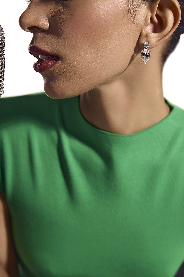 White Rhodium Finish Cubic Zirconia Stud Earrings In Sterling Silver by MISS JO at Pernia's Pop Up Shop