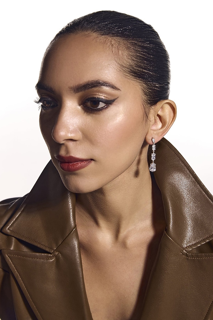 White Rhodium Finish Cubic Zirconia Dangler Earrings In Sterling Silver by MISS JO at Pernia's Pop Up Shop