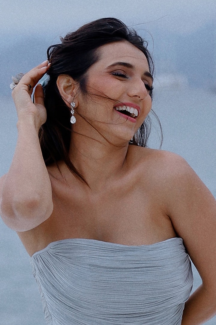 White Rhodium Finish Cubic Zirconia Dangler Earrings In Sterling Silver by MISS JO at Pernia's Pop Up Shop
