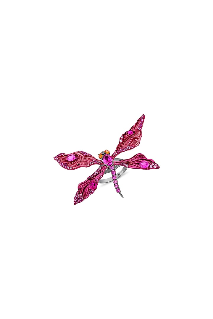 White Rhodium Finish Pink Enameled Dragonfly Ring In Sterling Silver by MISS JO at Pernia's Pop Up Shop