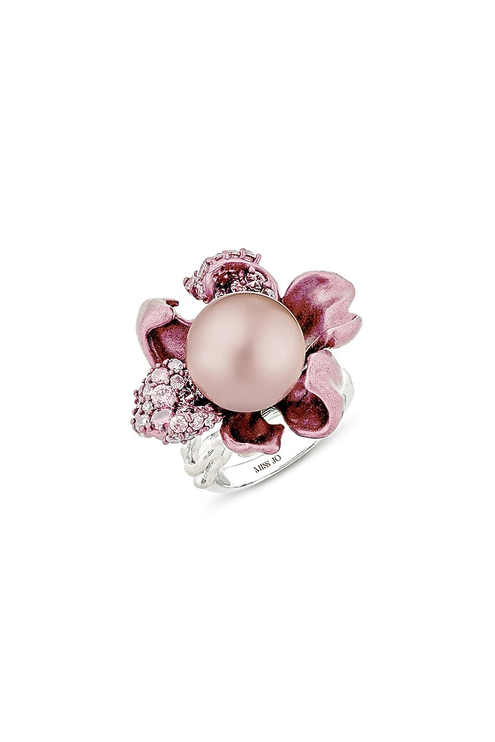 White Rhodium Finish Pink Cubic Zirconia & Pearl Ring In Sterling Silver by MISS JO at Pernia's Pop Up Shop