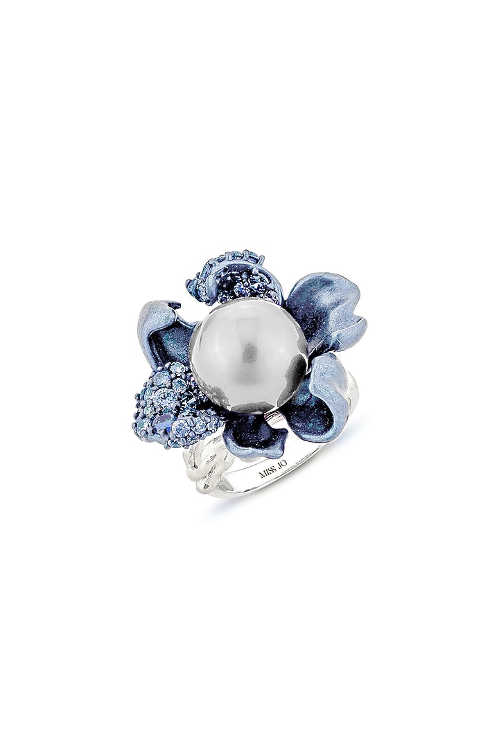 White Rhodium Finish Turquoise Cubic Zirconia & Pearl Ring In Sterling Silver by MISS JO at Pernia's Pop Up Shop