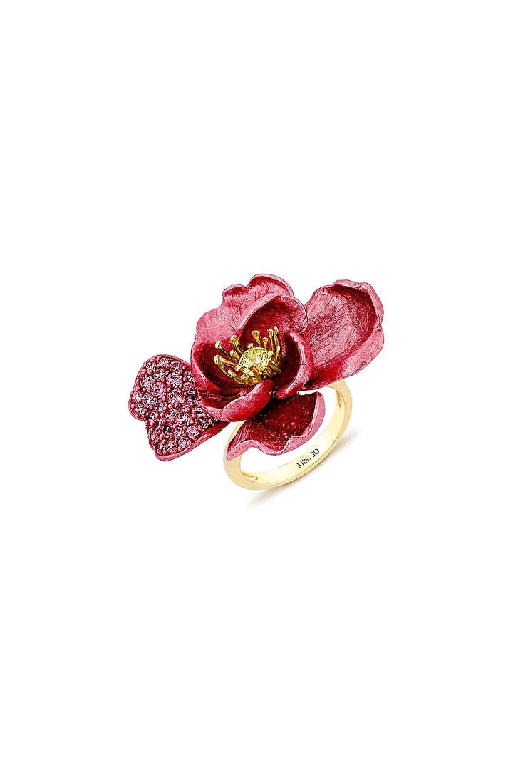 Gold Finish Cubic Zirconia & Pink Stone Ring In Sterling Silver by MISS JO at Pernia's Pop Up Shop