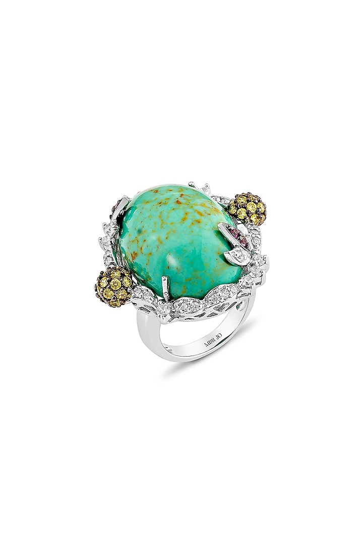 White Rhodium Finish Turquoise Stone & Cubic Zirconia Ring In Sterling Silver by MISS JO at Pernia's Pop Up Shop