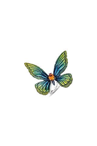 White Rhodium Finish Green Enameled Butterfly Ring In Sterling Silver by MISS JO