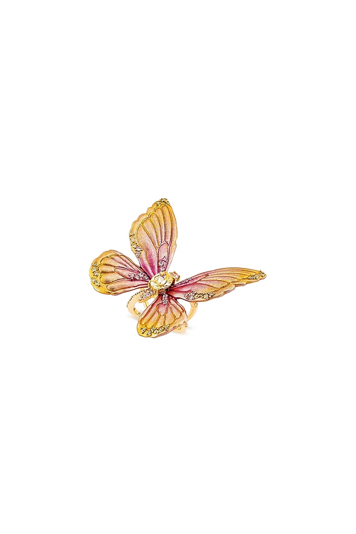 Gold Finish Pink Enameled Butterfly Ring In Sterling Silver by MISS JO at Pernia's Pop Up Shop