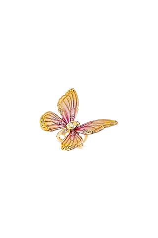 Gold Finish Pink Enameled Butterfly Ring In Sterling Silver by MISS JO