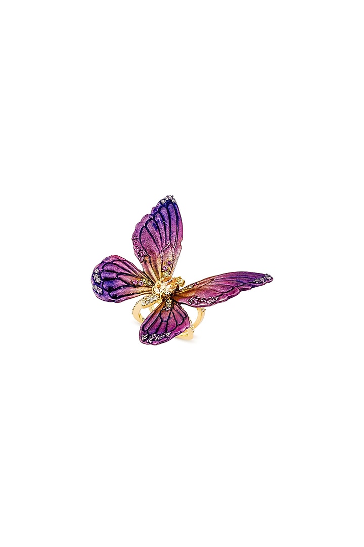 Gold Finish Purple Enameled Butterfly Ring In Sterling Silver by MISS JO at Pernia's Pop Up Shop