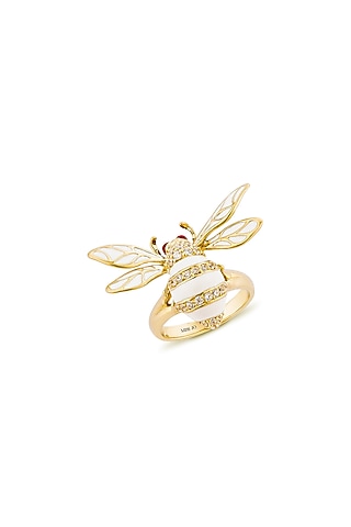 Gold Finish White Enameled Butterfly Ring In Sterling Silver by MISS JO