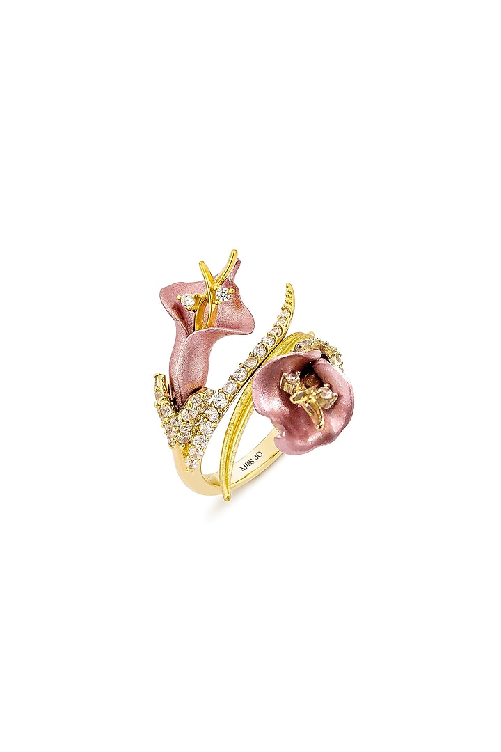 Gold Finish Pink Enameled Floral Ring In Sterling Silver by MISS JO at Pernia's Pop Up Shop