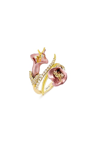 Gold Finish Pink Enameled Floral Ring In Sterling Silver by MISS JO