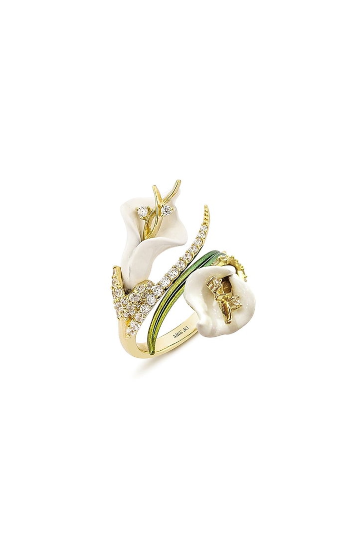 Gold Finish White Enameled Floral Ring In Sterling Silver by MISS JO at Pernia's Pop Up Shop