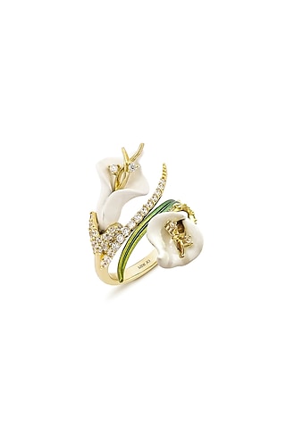 Gold Finish White Enameled Floral Ring In Sterling Silver by MISS JO