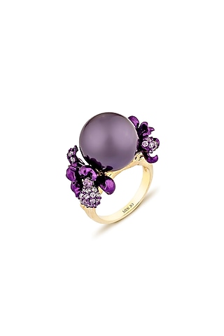 Gold Finish Pearl & Cubic Zirconia Floral Ring In Sterling Silver by MISS JO
