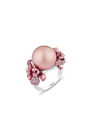 White Rhodium Finish Pearl & Cubic Zirconia Floral Ring In Sterling Silver by MISS JO