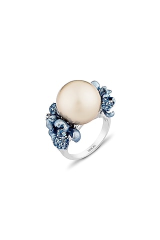 White Rhodium Finish Turquoise Pearl & Cubic Zirconia Floral Ring In Sterling Silver by MISS JO