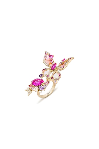 Gold Finish Pink Cubic Zirconia Butterfly Ring In Sterling Silver by MISS JO