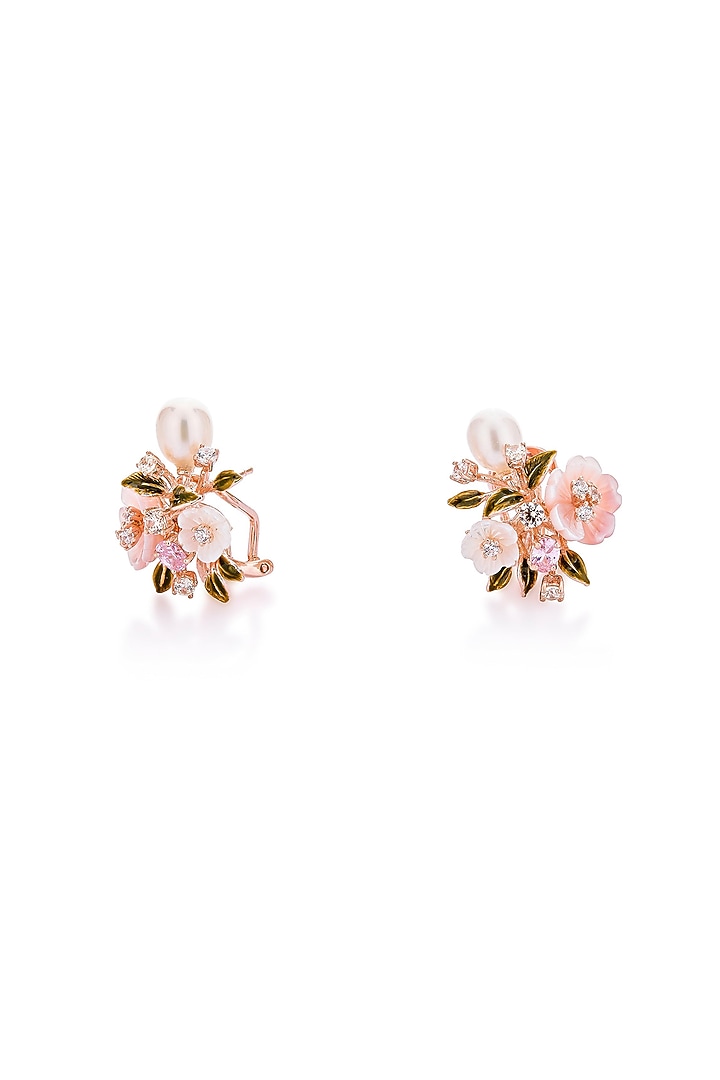 Rose Gold Finish Pink Pearl Floral Stud Earrings In Sterling Silver by MISS JO at Pernia's Pop Up Shop