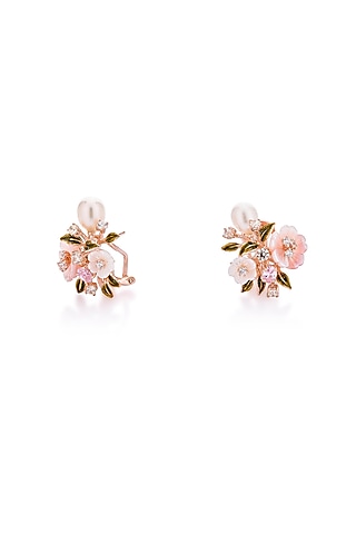 Rose Gold Finish Pink Pearl Floral Stud Earrings In Sterling Silver by MISS JO