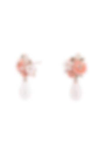 Rose Gold Finish Pink Pearl Floral Dangler Earrings In Sterling Silver by MISS JO at Pernia's Pop Up Shop