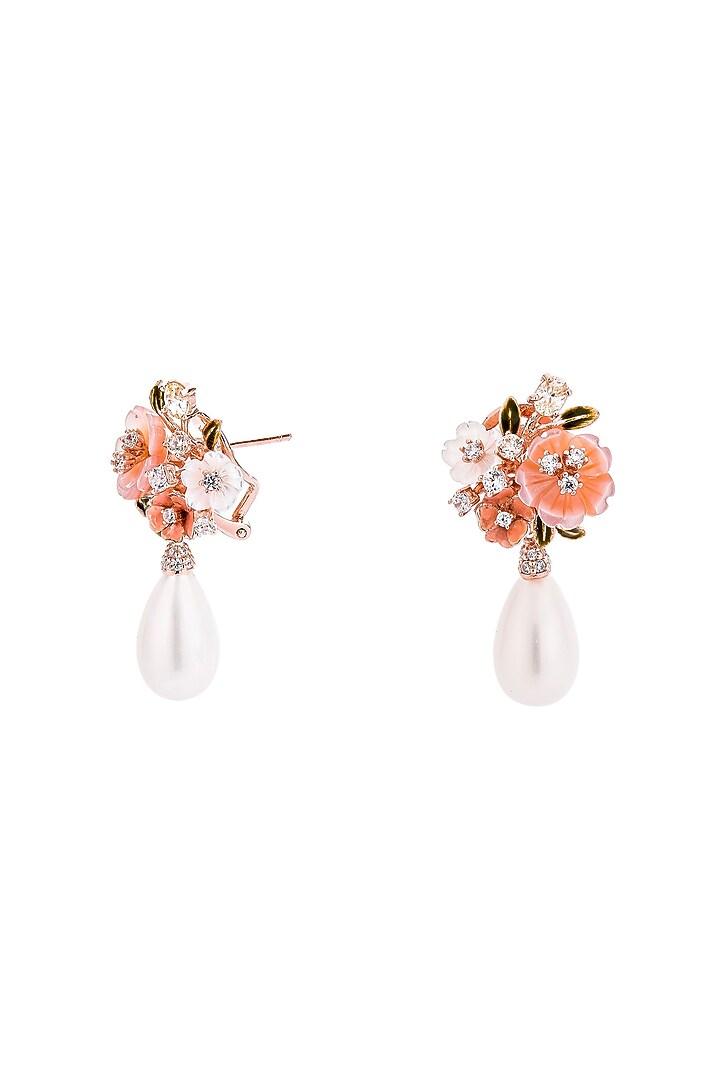 Rose Gold Finish Pink Pearl Floral Dangler Earrings In Sterling Silver by MISS JO at Pernia's Pop Up Shop