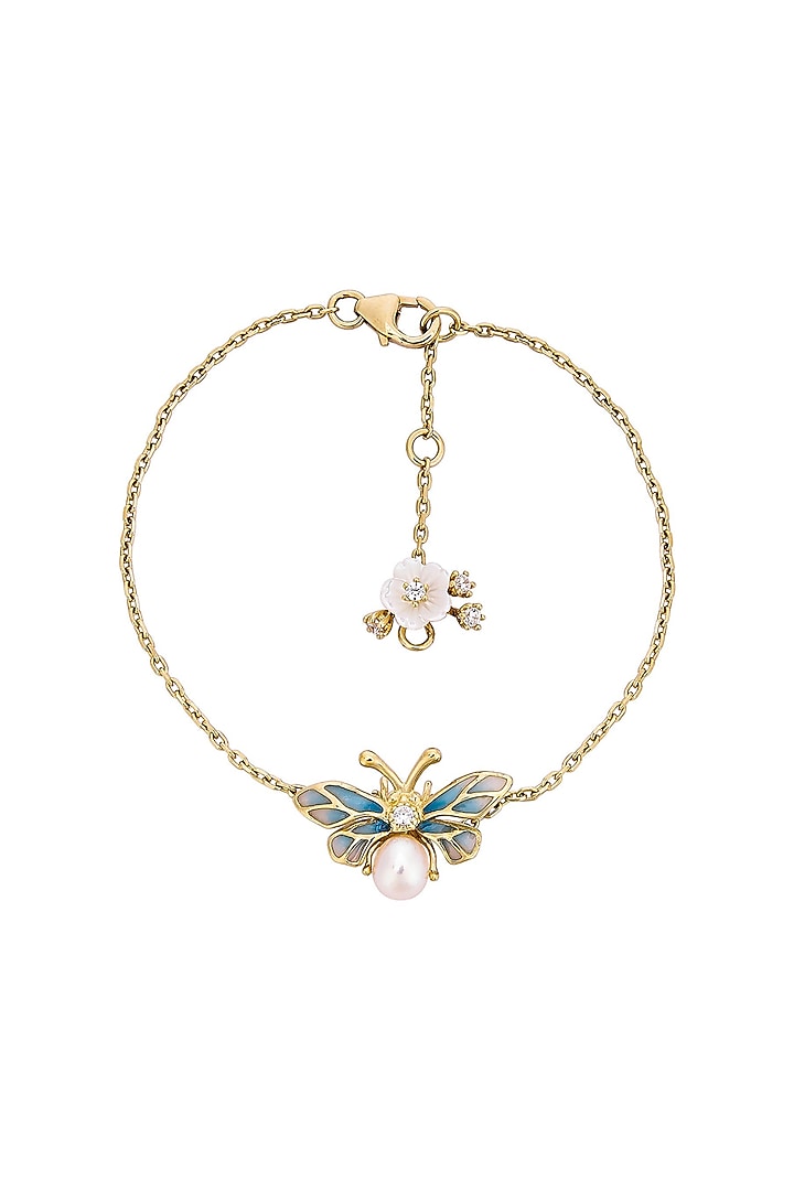 Gold Finish Blue Enameled Pearl Bracelet In Sterling Silver by MISS JO at Pernia's Pop Up Shop