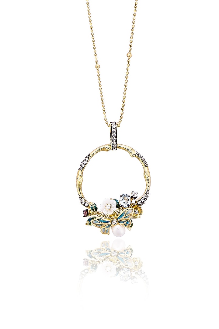 Gold Finish Blue Enameled Floral Pendant Necklace In Sterling Silver by MISS JO at Pernia's Pop Up Shop
