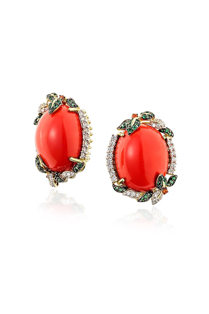 Gold Finish Orange Stone Stud Earrings In Sterling Silver by MISS JO at Pernia's Pop Up Shop