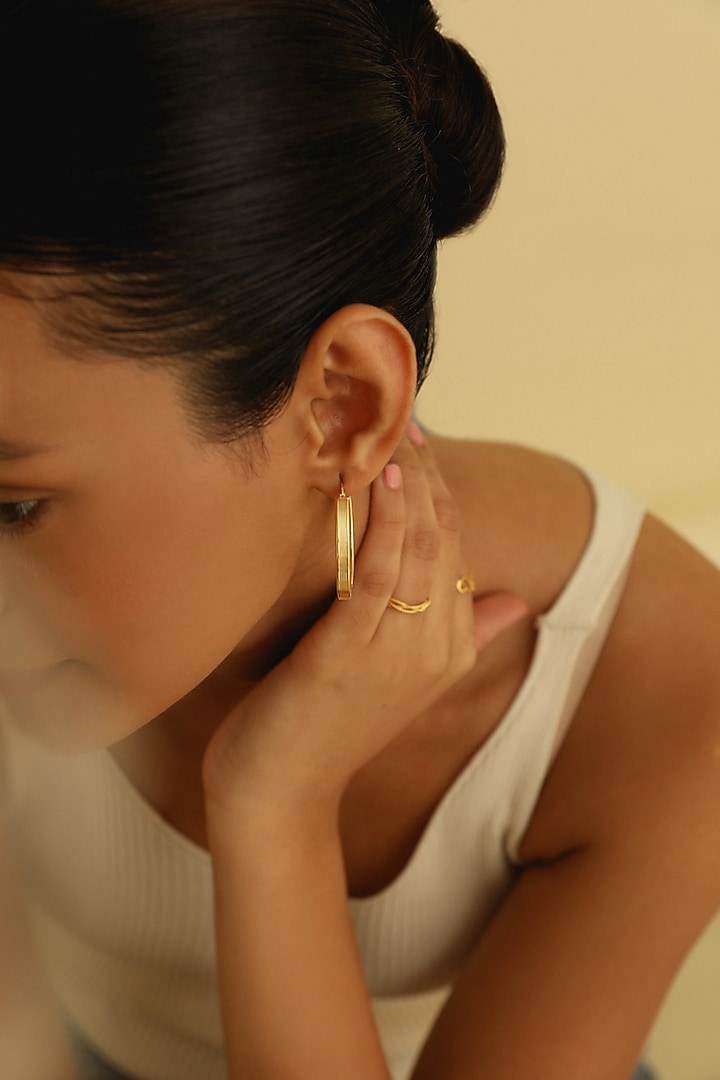 Gold Plated Linear Textured Hoop Earrings In Sterling Silver by MISS JO at Pernia's Pop Up Shop