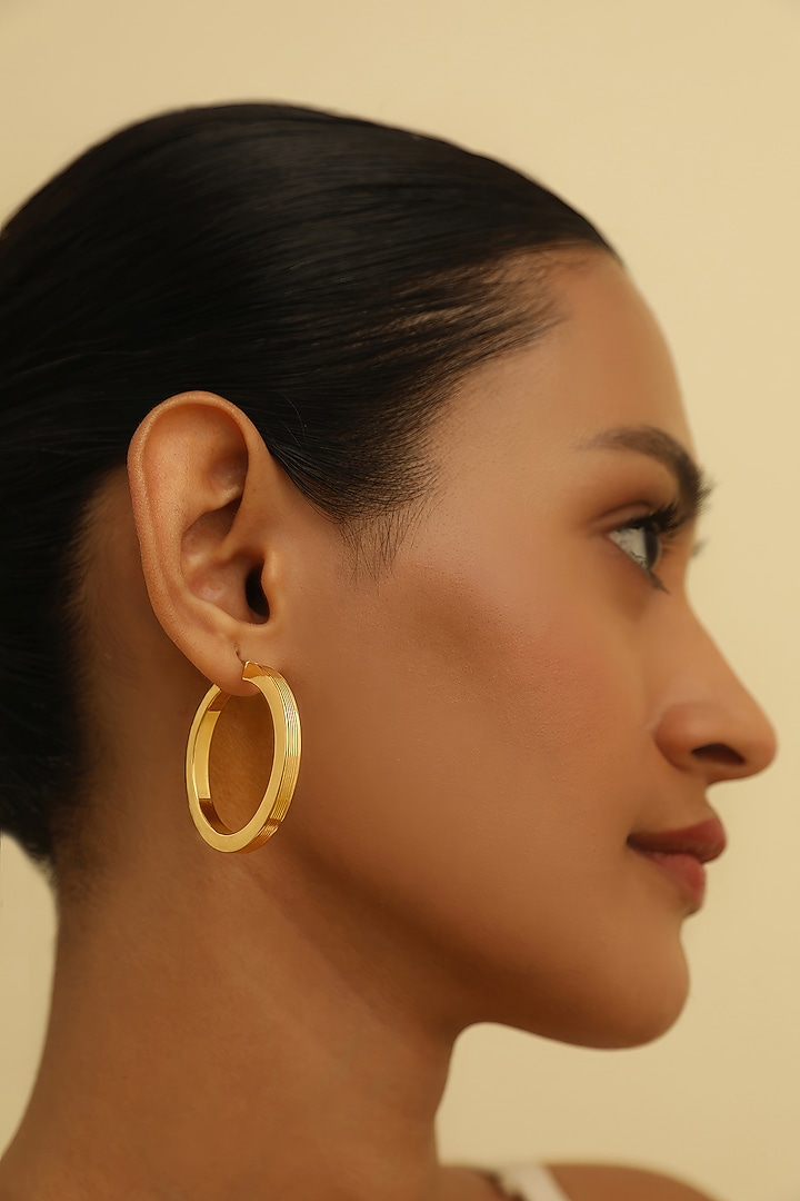Gold Plated Linear Textured Hoop Earrings In Sterling Silver by MISS JO at Pernia's Pop Up Shop