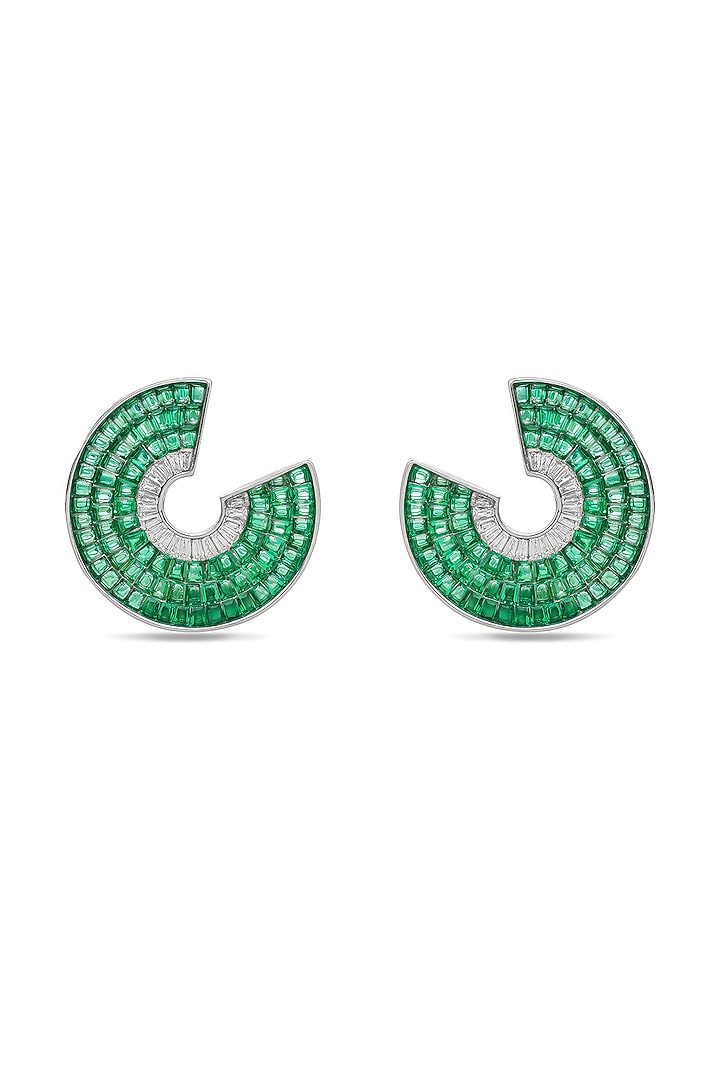 White Rhodium Finish Emerald Spinel Stone Circlets Stud Earrings In Sterling Silver by MISS JO at Pernia's Pop Up Shop