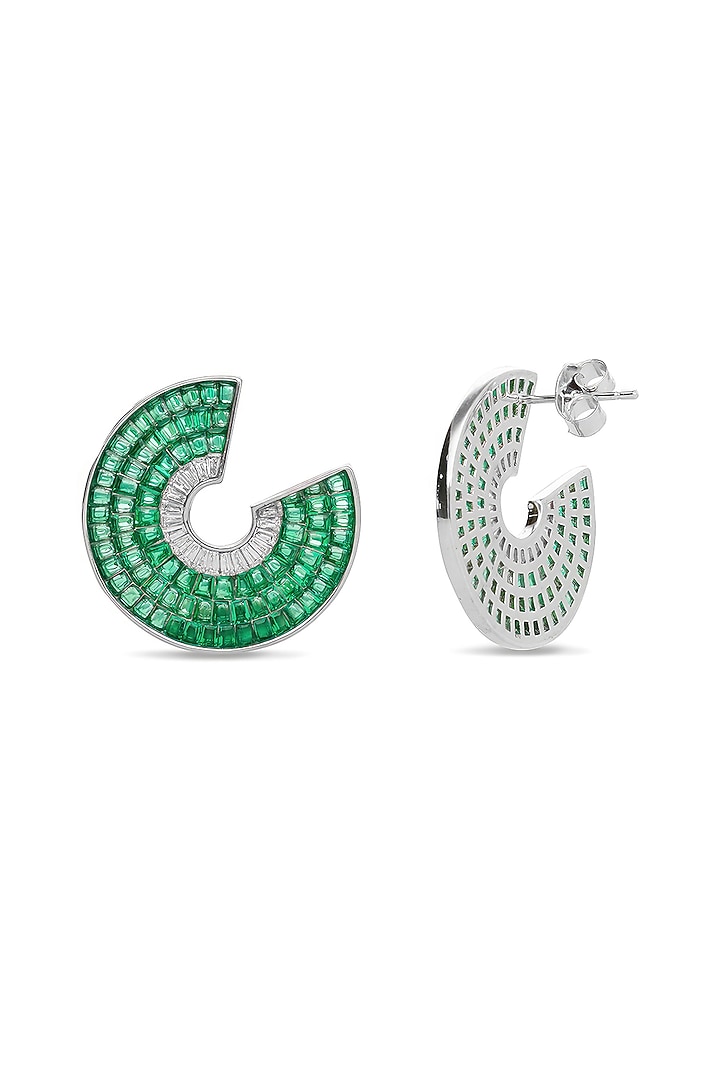 White Rhodium Finish Emerald Spinel Stone Circlets Stud Earrings In Sterling Silver by MISS JO at Pernia's Pop Up Shop
