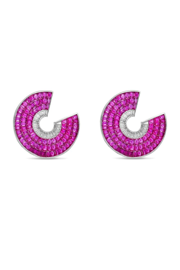 White Rhodium Finish Ruby Spinel Stone Circlets Stud Earrings In Sterling Silver by MISS JO at Pernia's Pop Up Shop